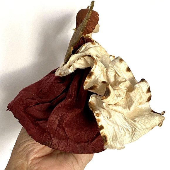 Vintage Christmas Tree Topper Angel Hand Painted Wine Red Dress Red Hair - Picture 7 of 8